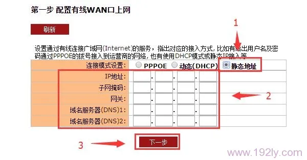 聚网捷EW750的连接模式选择:静态地址,并设置参数